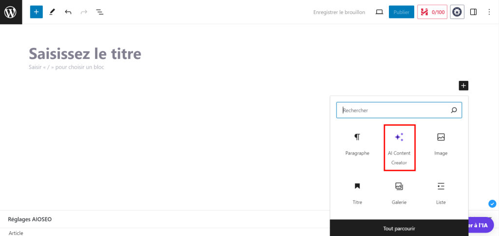 Créateur de contenu IA dans l'éditeur de blocs Gutenberg.