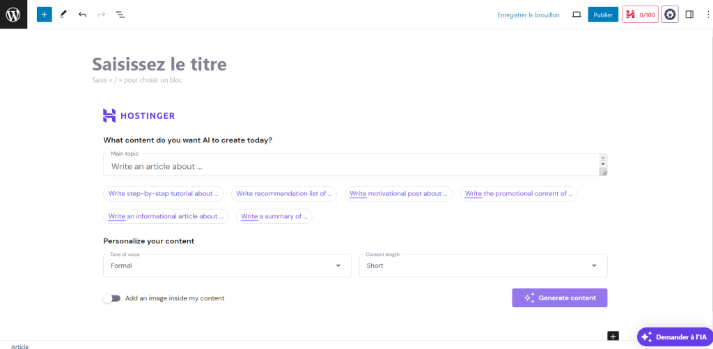 Utilisation du créateur de contenu IA Hostinger dans l'éditeur de blocs Gutenberg.
