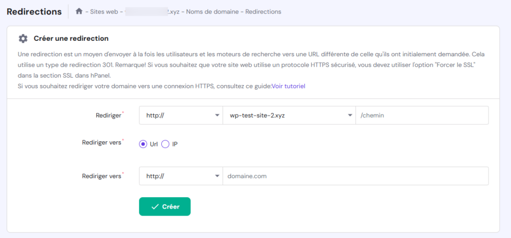 Page de configuration de la redirection de domaine dans hPanel