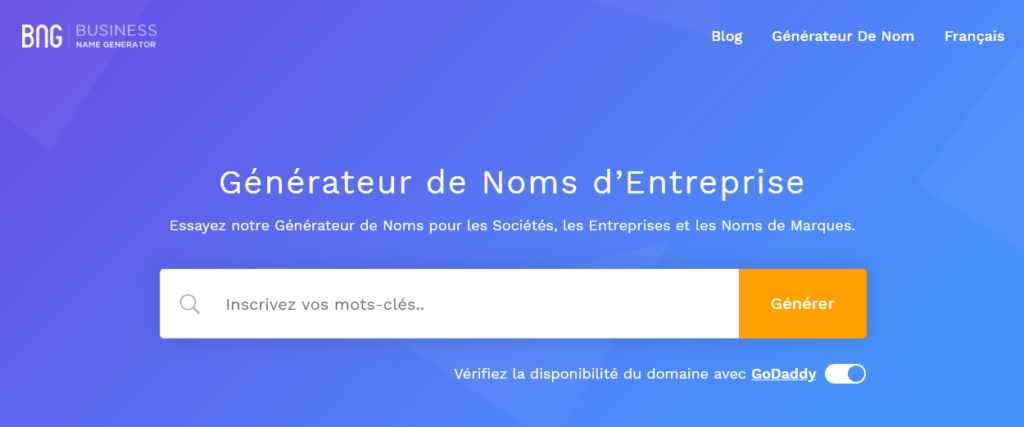 Page d'accueil du générateur de noms d'entreprises BNG