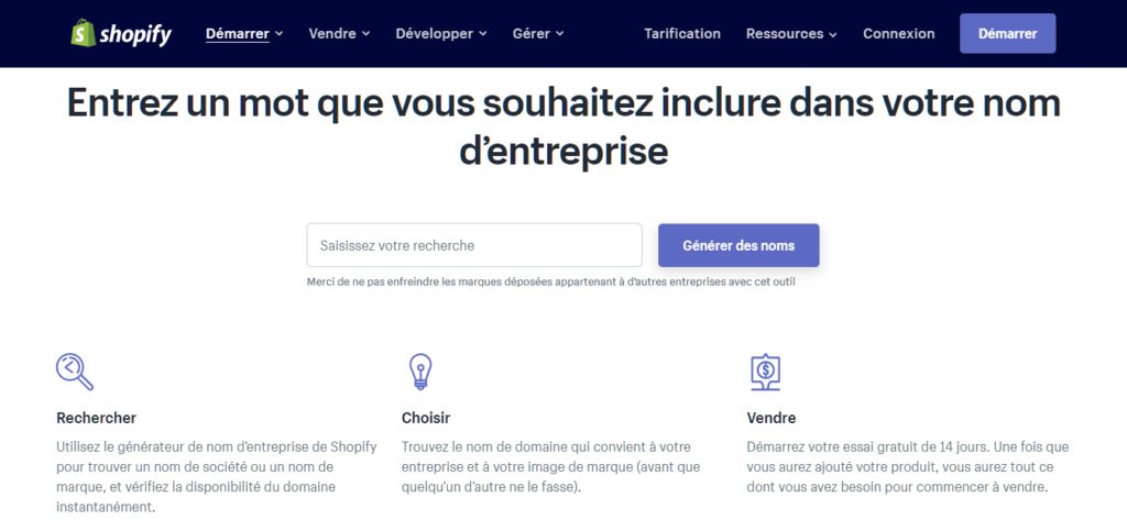 Générateur de nom d'entreprise de Shopify