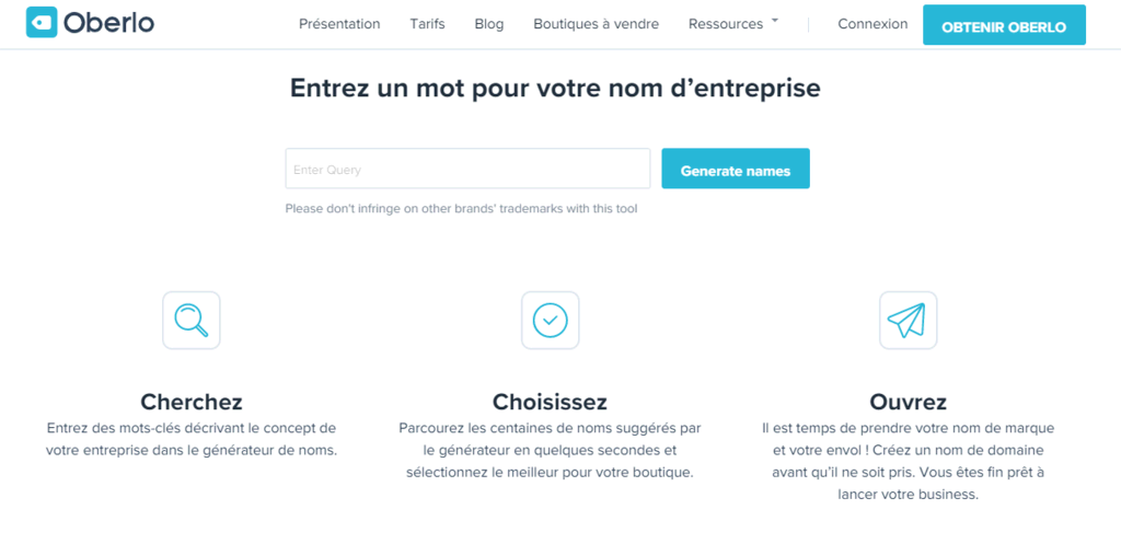 Page d'accueil du générateur de noms Oberlo