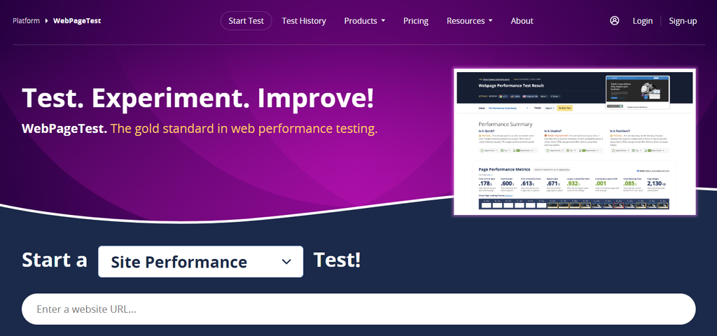 Page d'accueil de WebPageTest