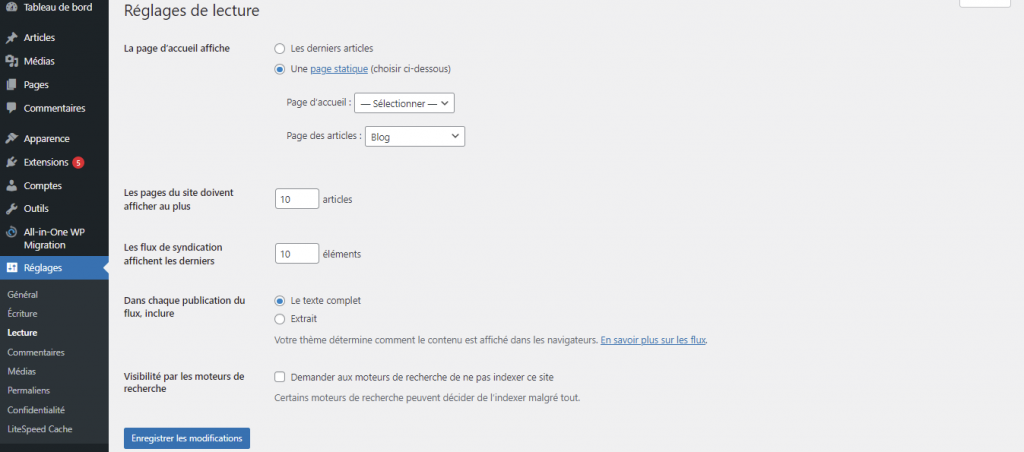 Modification des réglages de lecture de WordPress