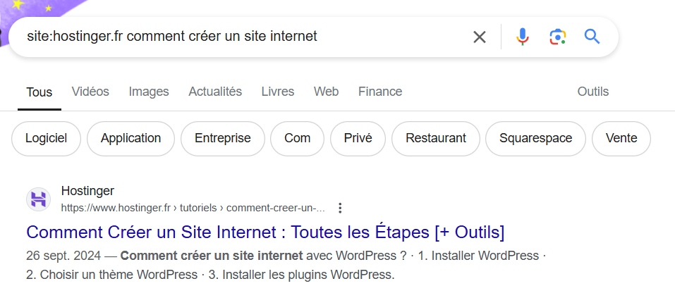 Requête de recherche Google utilisant l'opérateur site