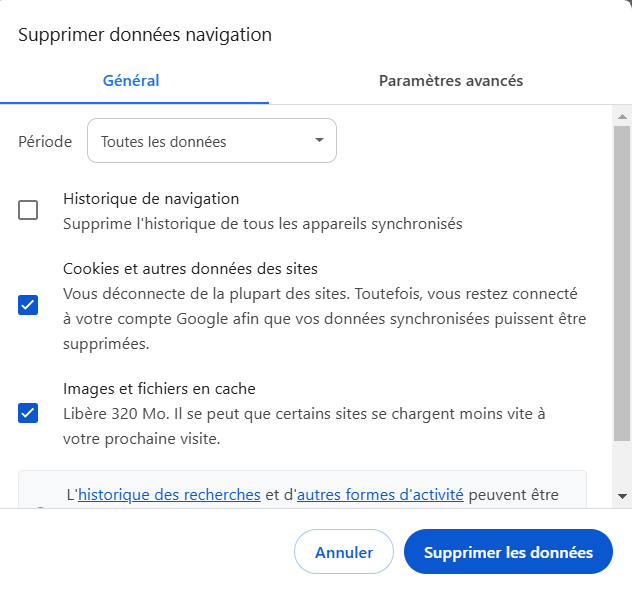 Cocher les données à effacer sur google chrome