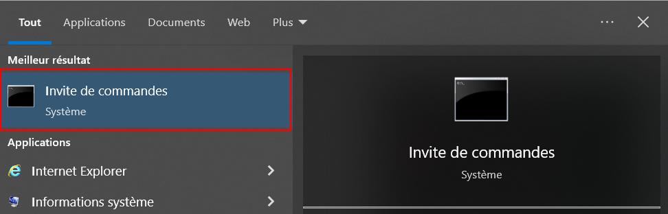 Recherche de l'invite de commande sur Windows 10