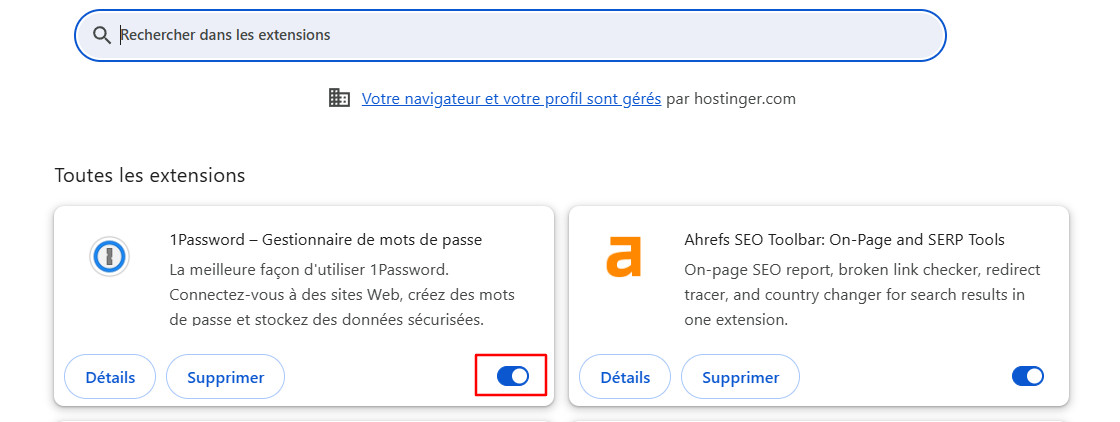 Désactivation des extension sur Chrome