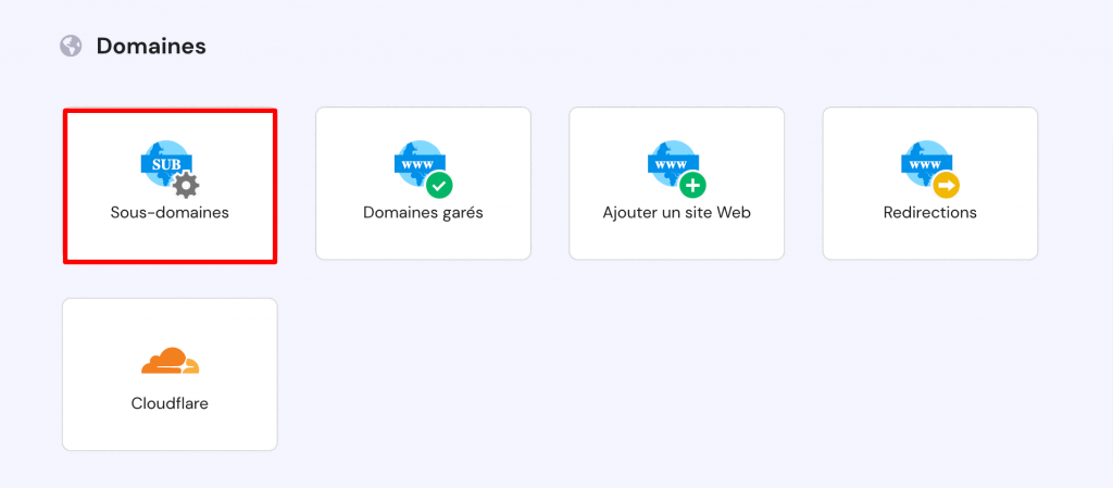 Section des sous-domaines sur hPanel 