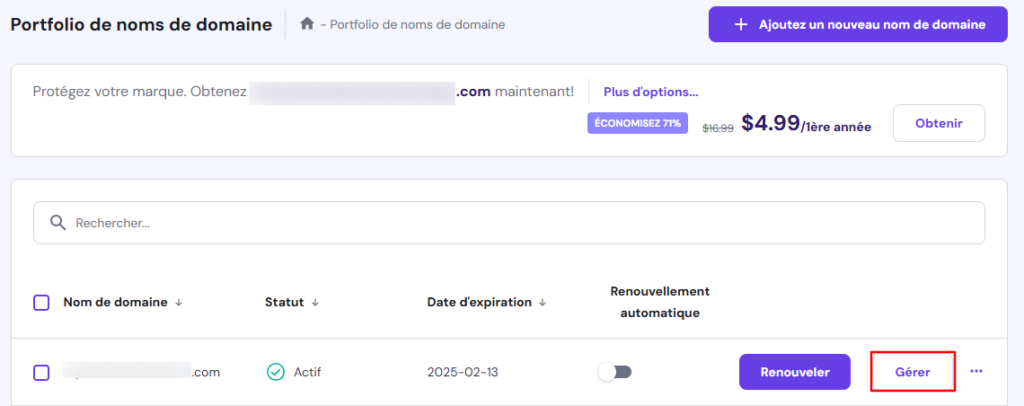 Gérer un nom de domaine sur hPanel