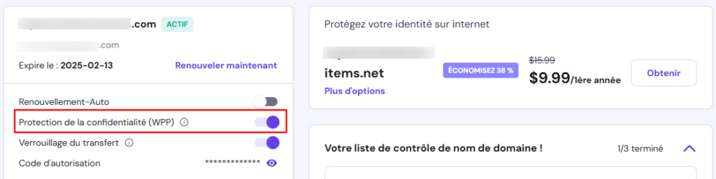 Activation de la protection de la confidentialité du domaine sur Hostinger