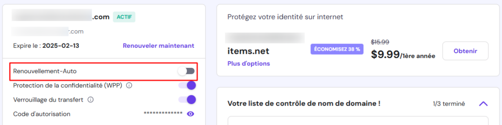 Option de renouvellement automatique de nom de domaine sur hPanel