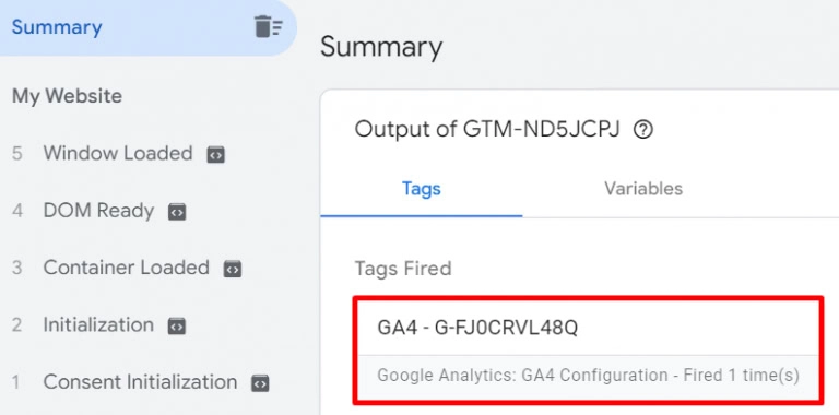 Chaque fois qu'une balise se déclenche, vous verrez le résumé sur Google Tag Manager