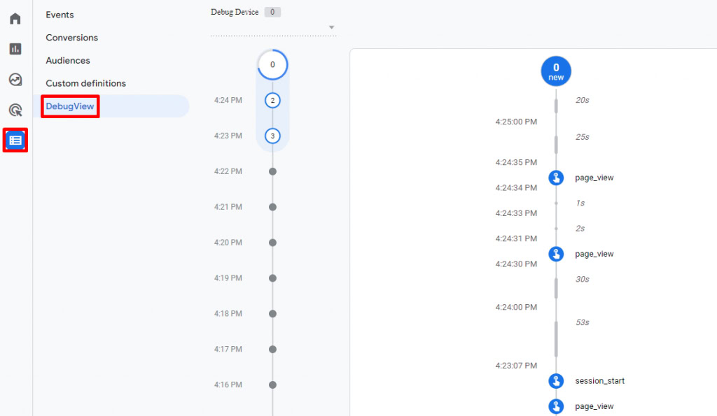 Avec DebugView, vous pouvez surveiller les interactions sur votre site web dans une certaine chronologie.