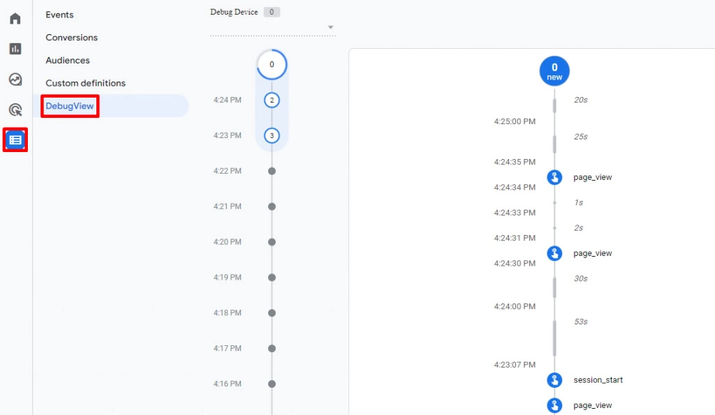 Avec DebugView, vous pouvez surveiller les interactions sur votre site web dans une certaine chronologie.