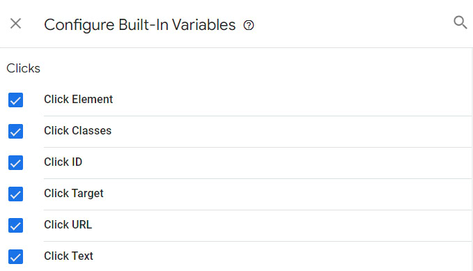 Cochez toutes les variables de clics dans le panneau de configuration