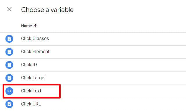 Sélectionnez la variable Click Text dans les options.