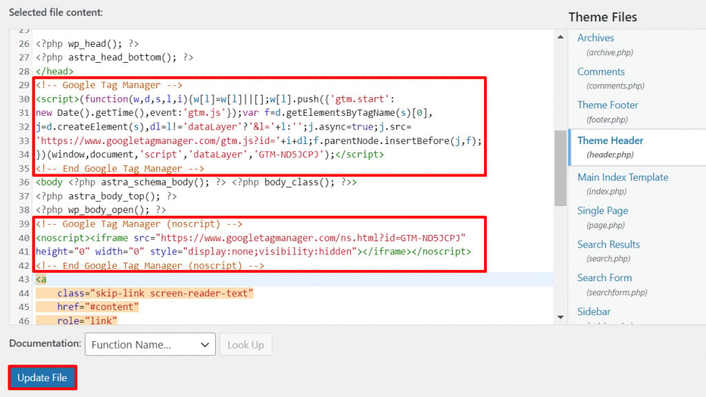 Collez les snippets de Google Tag Manager dans le modèle header.php.