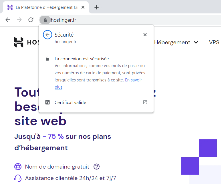 Page d'accueil d'Hostinger, affichant le cadenas et le message "La connexion est sécurisée".