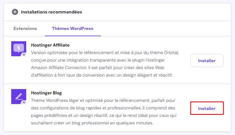 Installer le thème Hostinger blog depuis le tableau de bord hPanel