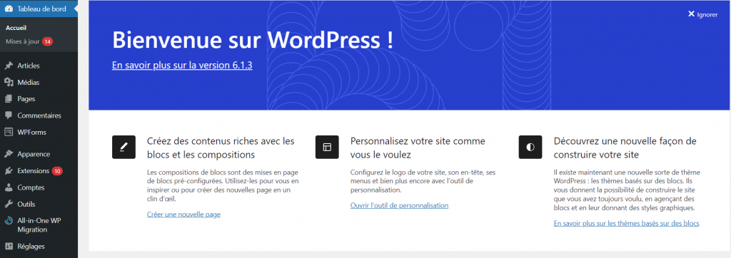 Qu' est ce que wordpress, le tableau de bord 