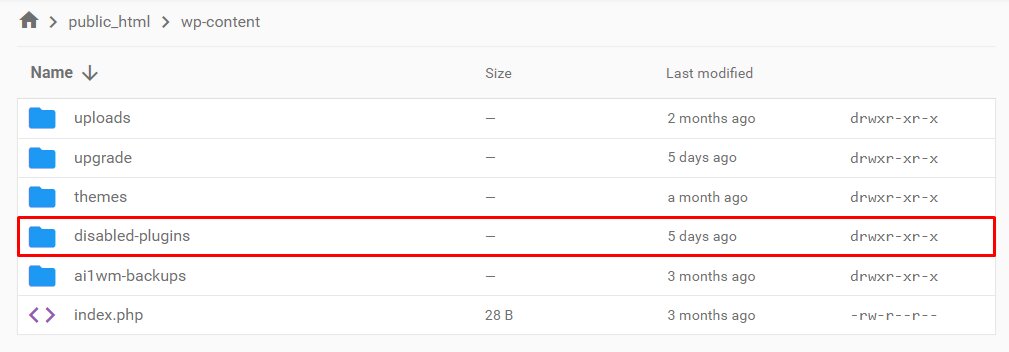 Le dossier disabled-plugins dans le gestionnaire de fichiers de hPanel