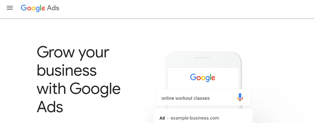 Landing page du site Google Ads 