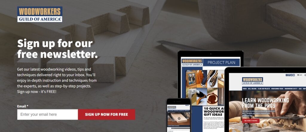 Landing page de WoodWorkers, encourageant les utilisateurs à s'inscrire à leur lettre d'information.