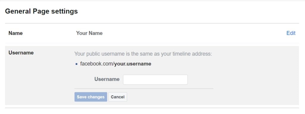 Les paramètres généraux de la page Facebook affichent un champ permettant de saisir votre nom d'utilisateur.