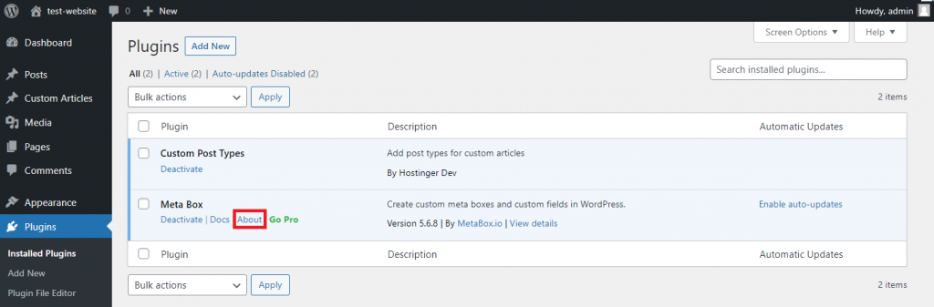 Le plugin Meta Box dans le menu des plugins installés de WordPress