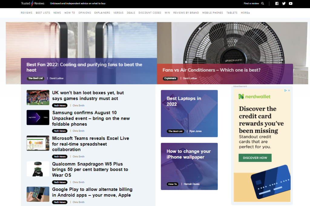 La page d'accueil de Trusted Reviews, un site d'évaluation et de comparaison de produits technologiques.