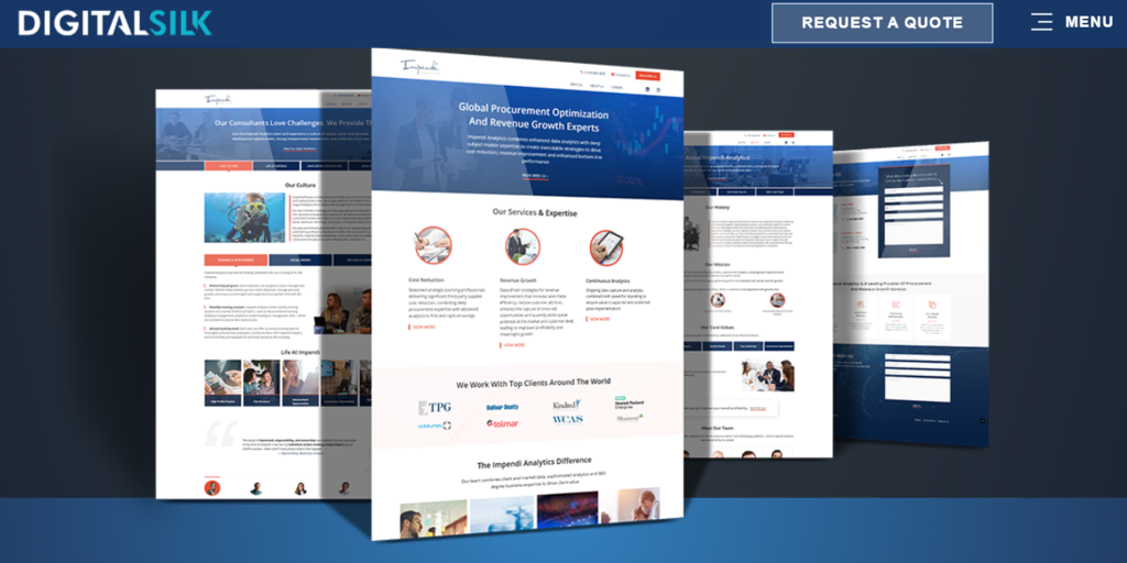 Un coup d'œil sur certaines des pages web d'Impendi Analytics, l'un des projets de conception web de Digital Silk.
