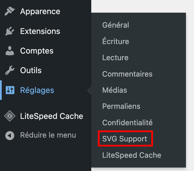 SVG Support accessible depuis le tableau de bord de WordPress