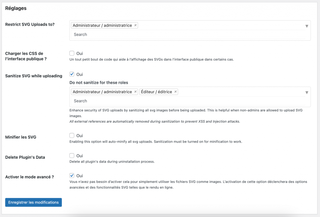 Paramètres du plugin SVG Support