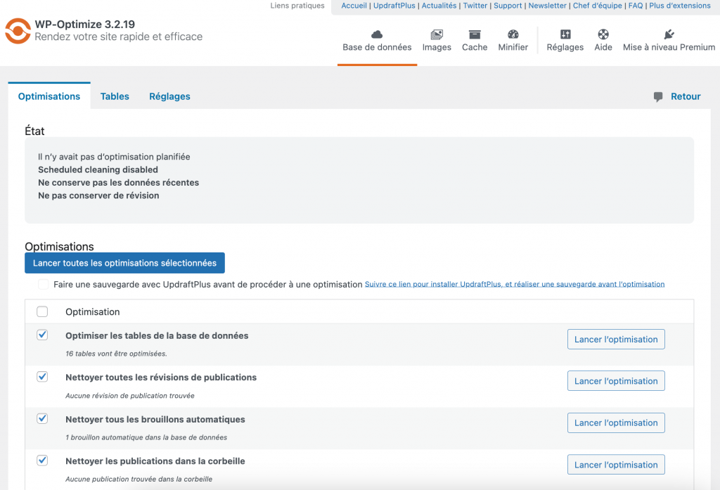 Le plugin WordPress WP-Optimize est installé et activé