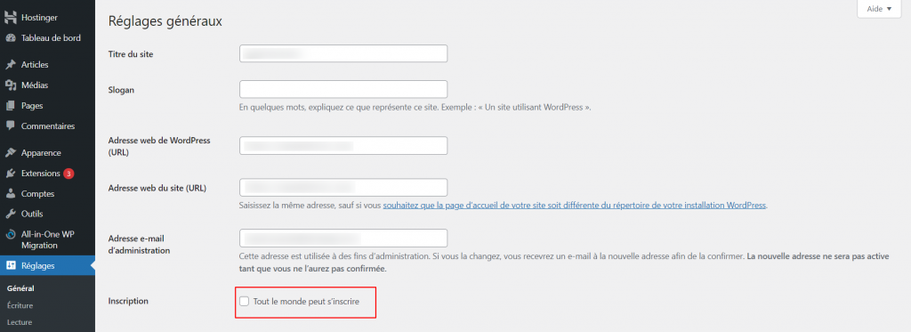 La page des réglages généraux de WordPress