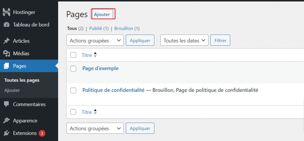 La section Pages pour ajouter une nouvelle page dans WordPress