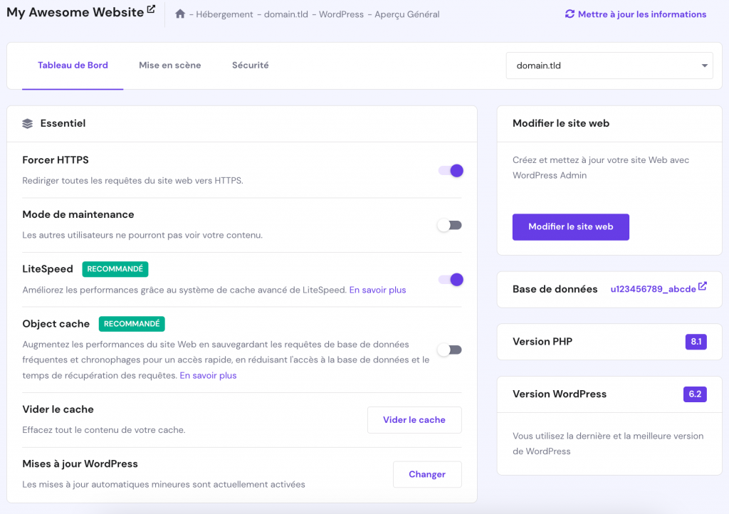 La page de présentation de WordPress sur hPanel