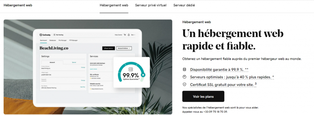 landing page hébergement Godaddy