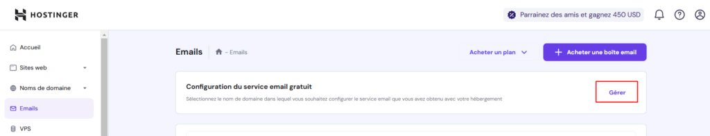 Configuration du service email gratuit de hPanel