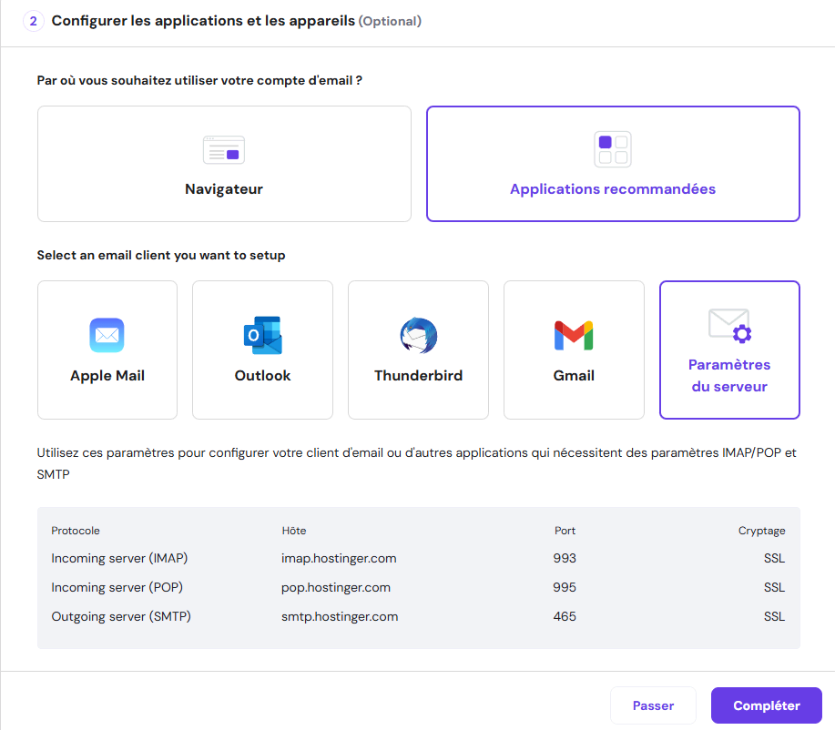 configurer les applications de messagerie et les appareils sur hPanel 