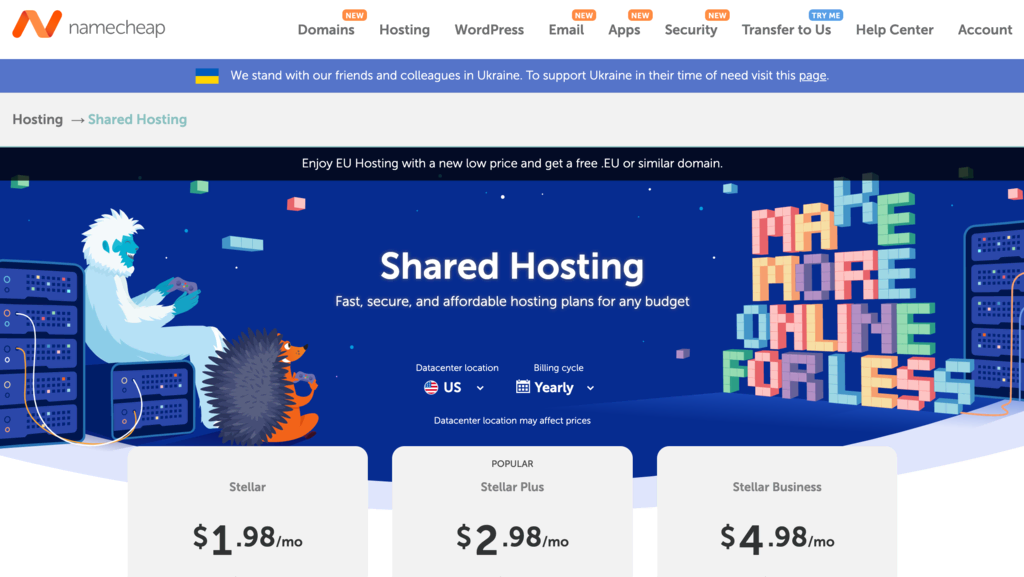 la page hébergement web de namecheap