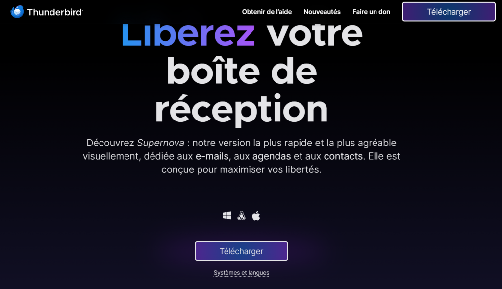 Page d'accueil de Mozilla Thunderbird, montrant les options pour télécharger le client de messagerie pour différents systèmes d'exploitation.