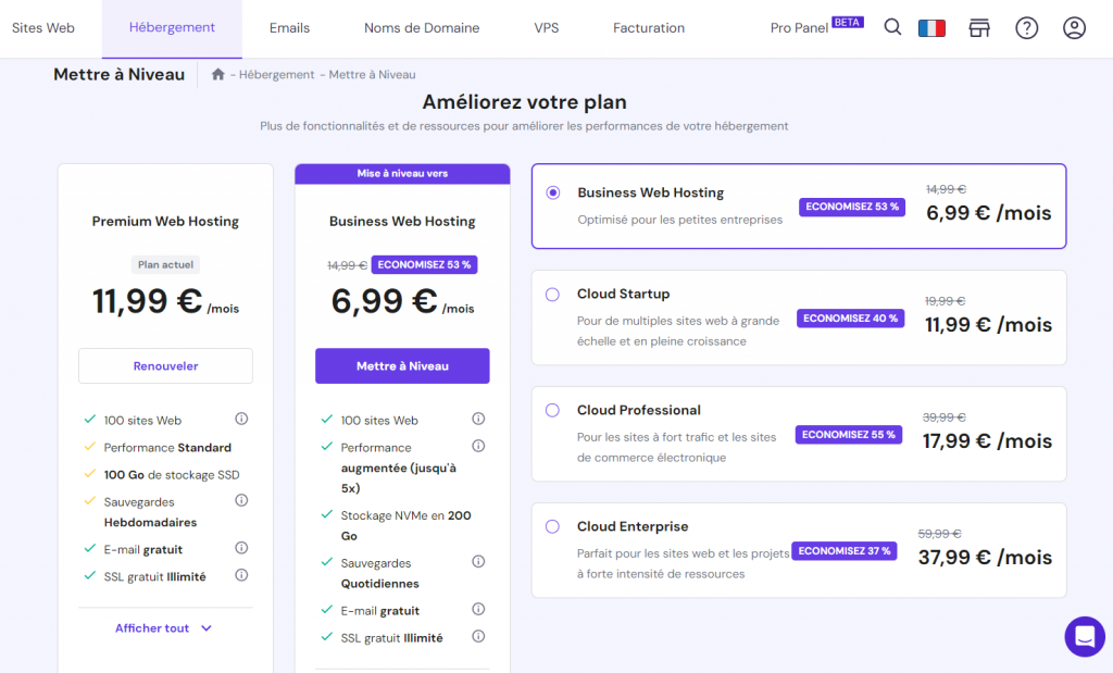 Menu de mise à niveau du plan d'hébergement Hostinger