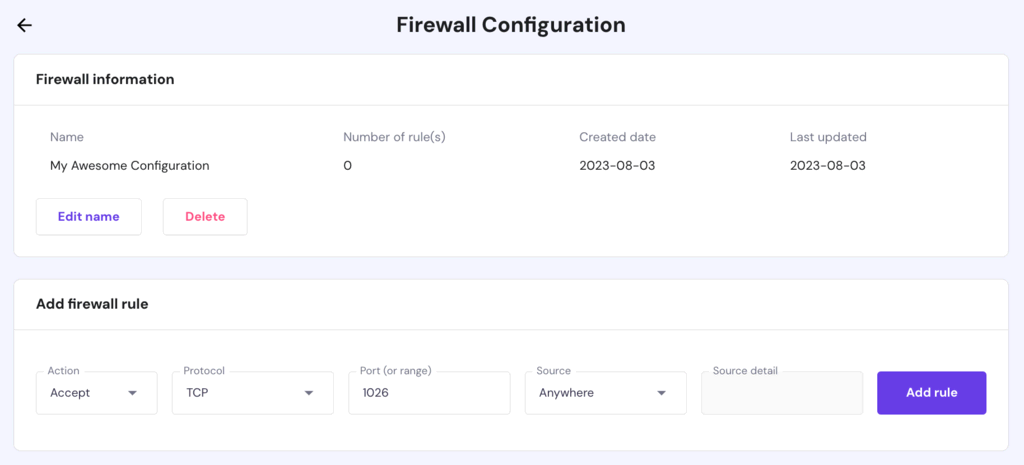 Processus de création de nouvelles règles de pare-feu dans hPanel