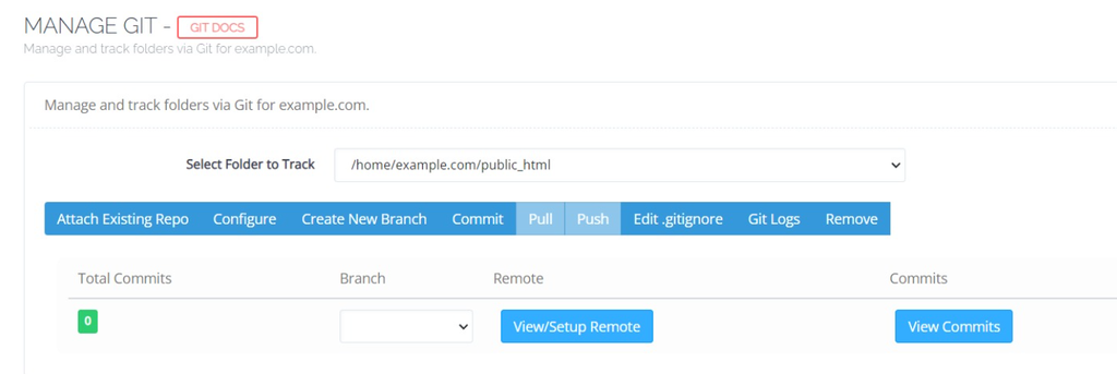 Menu de gestion Git dans CyberPanel