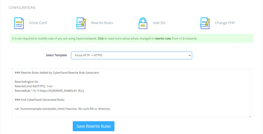 Les paramètres de la configuration HTTPS forcée dans CyberPanel