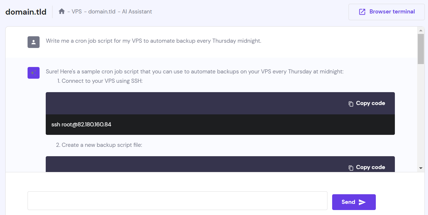 L'assistant IA VPS de Hostinger génère un script basé sur l'invite de l'utilisateur