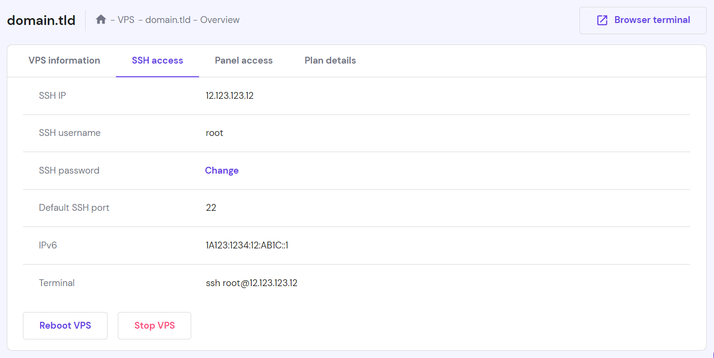 Identifiants de connexion SSH du VPS dans hPanel