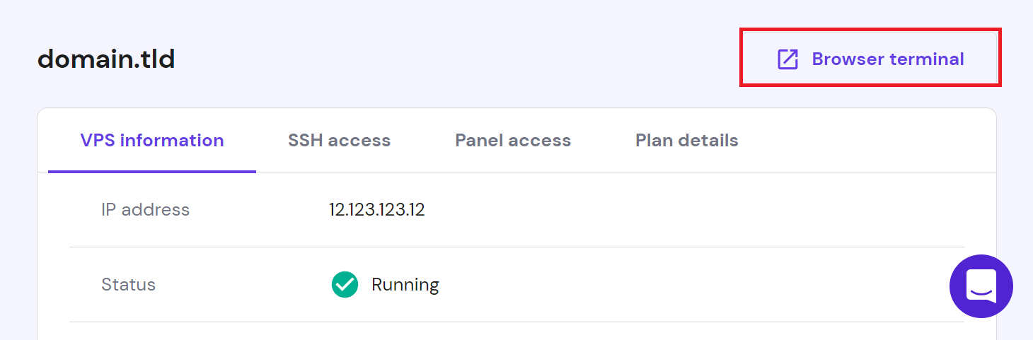 Terminal de navigation intégré dans le menu de gestion de hPanel VPS